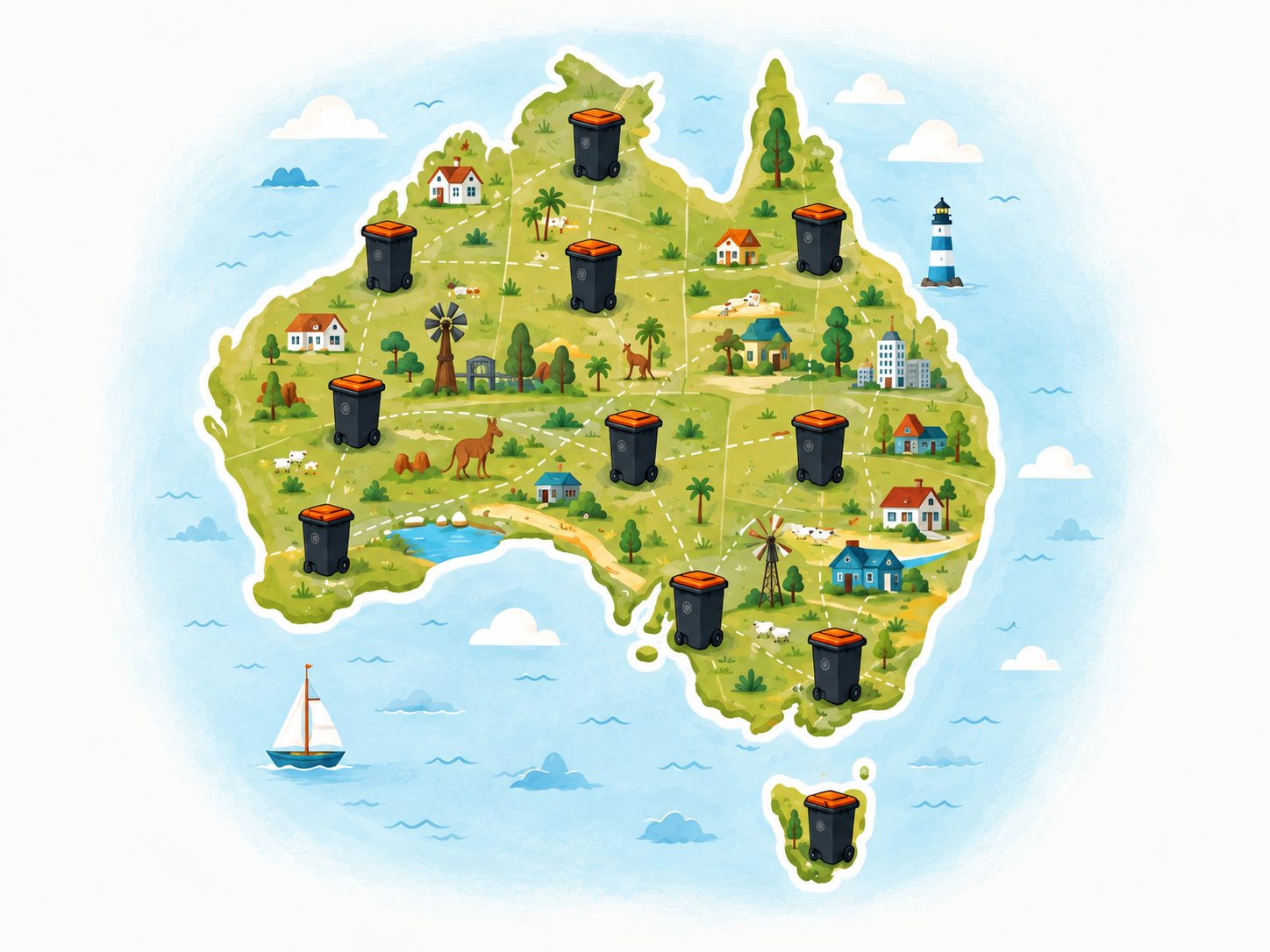 Illustrated map of Australia with council bins marked across cities and coastal towns