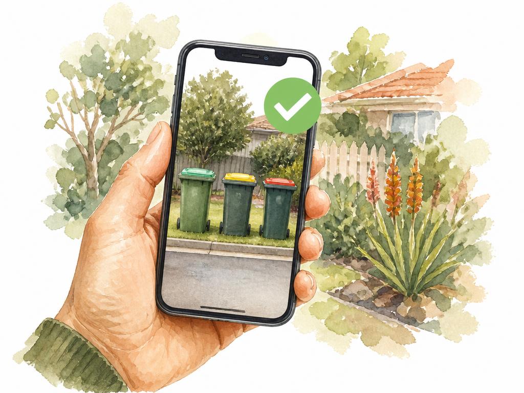 Illustration of a phone showing photo proof of bins at the kerb with a tick