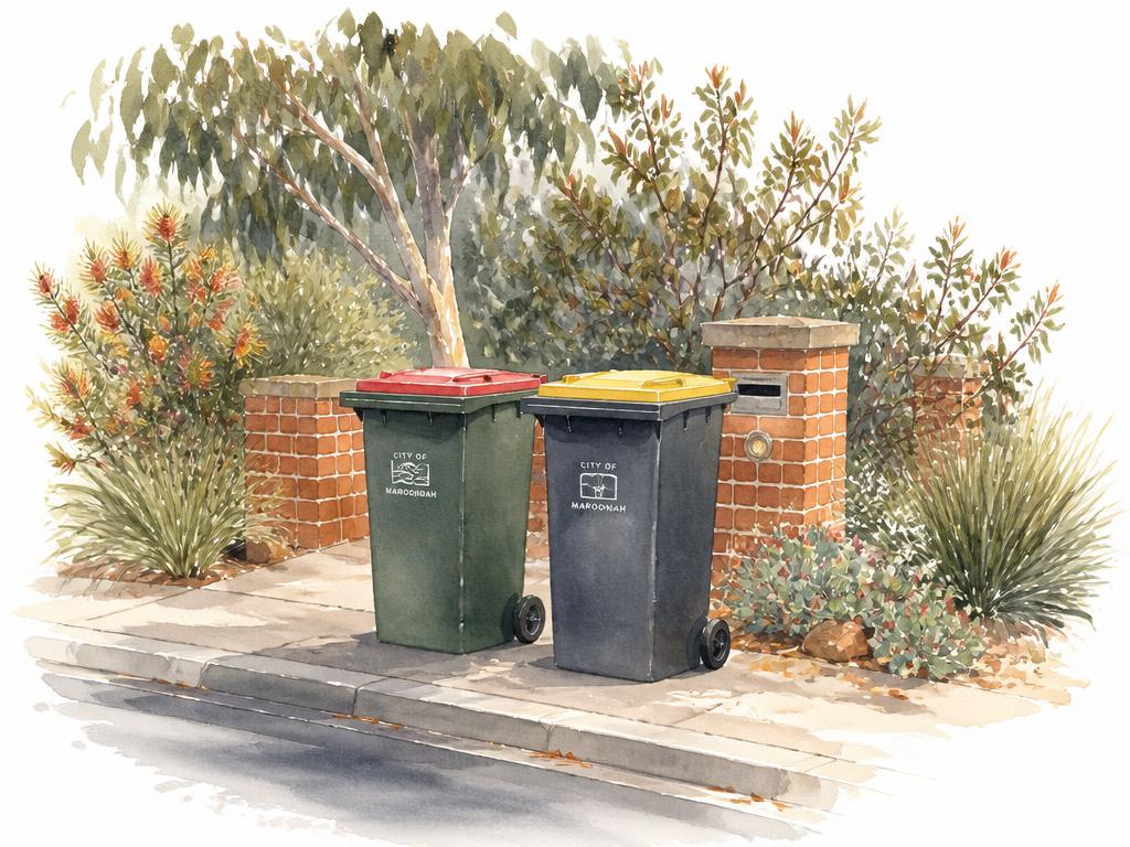 Illustration of two council wheelie bins at the kerb